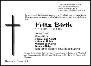 Traueranzeige von Fritz Birth von Südthüringer Presse