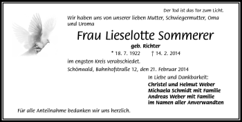 Traueranzeige von Lieselotte Sommerer von Frankenpost