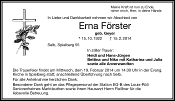 Traueranzeige von Erna Förster von Frankenpost