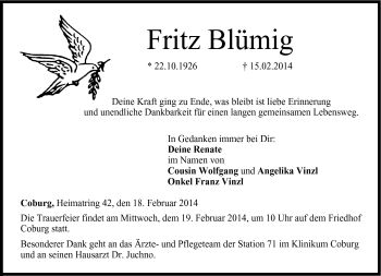 Traueranzeige von Fritzq Blümig von Neue Presse Coburg