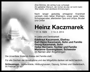 Traueranzeige von Heinz Kaczmarek von Südthüringer Presse
