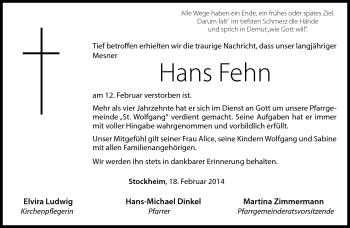 Traueranzeige von Hans Fehn von Neue Presse Coburg