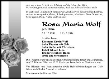 Traueranzeige von Rosa Maria Wolf von Südthüringer Presse