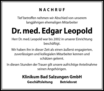 Traueranzeige von Dr. med. Edgar leopold von Südthüringer Presse