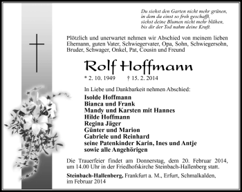 Traueranzeige von Rolf Hoffmann von Südthüringer Presse