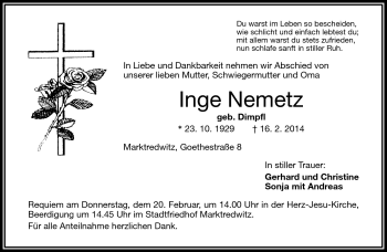 Traueranzeige von Inge Nemetz von Frankenpost