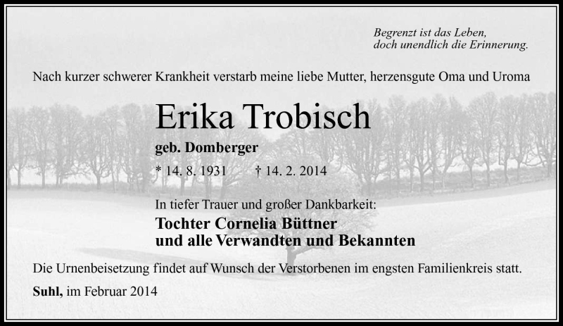  Traueranzeige für Erika Trobisch vom 22.02.2014 aus Südthüringer Presse