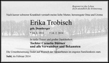 Traueranzeige von Erika Trobisch von Südthüringer Presse