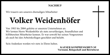 Traueranzeige von Volker Weidenhöfer von Neue Presse Coburg
