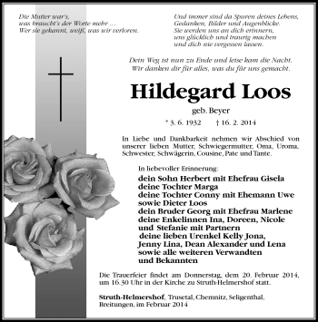 Traueranzeige von Hildegard Loos von Südthüringer Presse