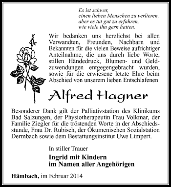 Traueranzeige von Alfred Hagner von Südthüringer Presse