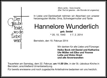 Traueranzeige von Hannelore Wunderlich von Frankenpost