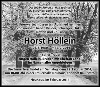 Traueranzeige von Horst Höllein von Südthüringer Presse