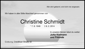 Traueranzeige von Christine Schmidt von Neue Presse Coburg