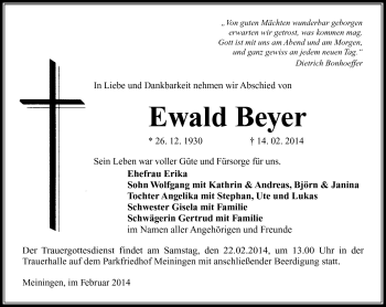 Traueranzeige von Ewald Beyer von Südthüringer Presse