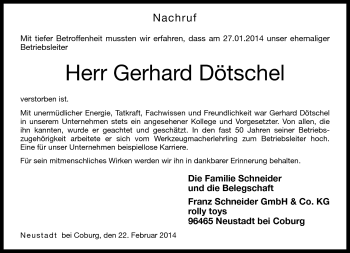 Traueranzeige von Gerhard Dötschel von Neue Presse Coburg