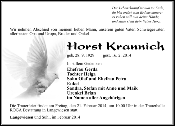 Traueranzeige von Horst Krannich von Südthüringer Presse