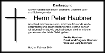 Traueranzeige von Peter Haubner von Frankenpost