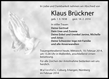 Traueranzeige von Klaus Brückner von Neue Presse Coburg