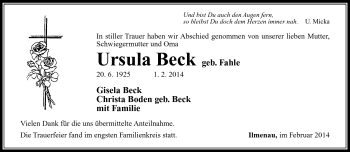 Traueranzeige von Ursula Beck von Südthüringer Presse