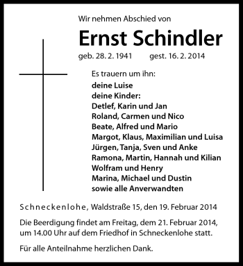 Traueranzeige von Ernst Schindler von Neue Presse Coburg