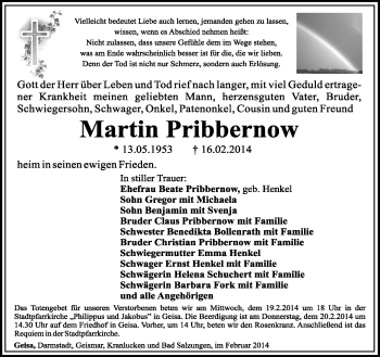 Traueranzeige von Martin Pribbernow von Südthüringer Presse