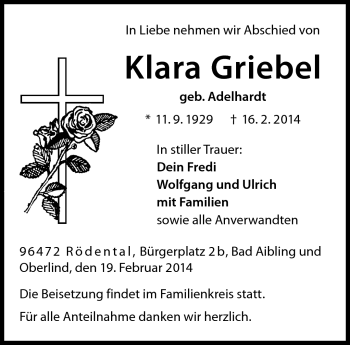 Traueranzeige von Klara Griebel von Neue Presse Coburg