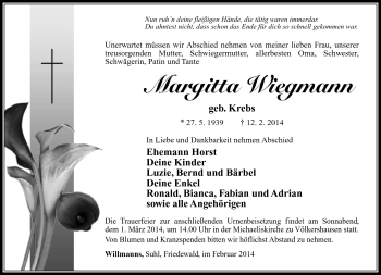 Traueranzeige von Margitta Wiegmann von Südthüringer Presse
