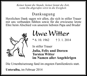 Traueranzeige von Uwe Witter von Südthüringer Presse