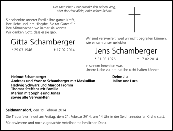 Traueranzeige von GittaJens SchambergerSchamberger von Neue Presse Coburg
