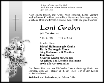 Traueranzeige von Loni Grahn von Südthüringer Presse