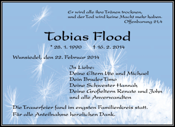 Traueranzeige von Tobias Flood von Frankenpost