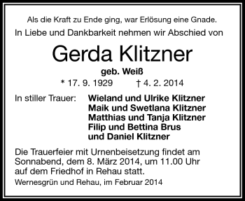 Traueranzeige von Gerda Klitzner von Frankenpost