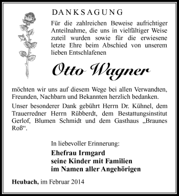 Traueranzeige von Otto Wagner von Südthüringer Presse