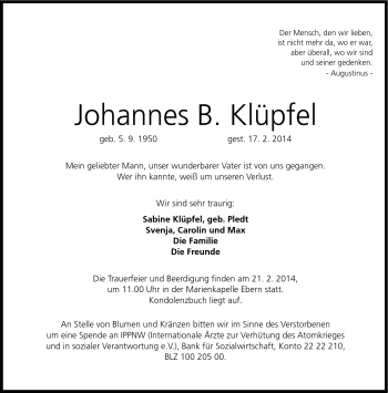 Traueranzeige von Johannes B. Klüpfel von Neue Presse Coburg
