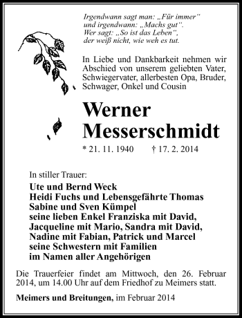 Traueranzeige von Werner Messerschmidt von Südthüringer Presse