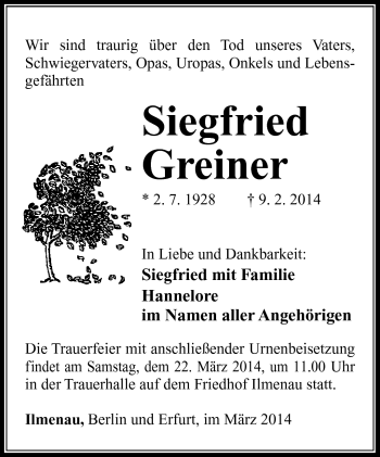 Traueranzeige von Siegfried Greiner von Südthüringer Presse
