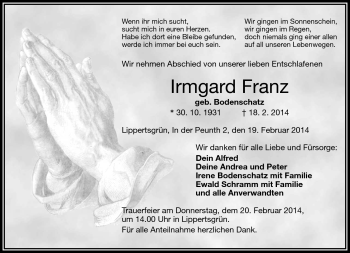 Traueranzeige von Irmgard Franz von Frankenpost