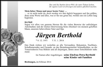 Traueranzeige von Jürgen Berthold von Südthüringer Presse