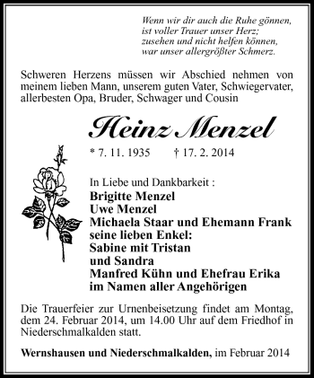 Traueranzeige von Heinz Menzel von Südthüringer Presse