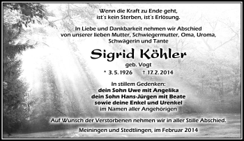 Traueranzeige von Sigrid Köhler von Südthüringer Presse