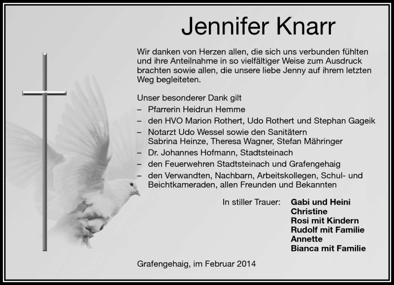  Traueranzeige für Jennifer Knarr vom 22.02.2014 aus Frankenpost