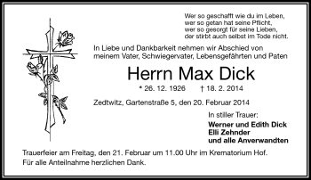 Traueranzeige von Max Dick von Frankenpost