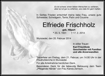 Traueranzeige von Elfriede Frischholz von Frankenpost