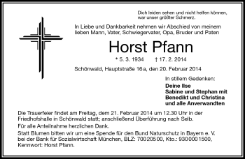 Traueranzeige von Horst Pfann von Frankenpost
