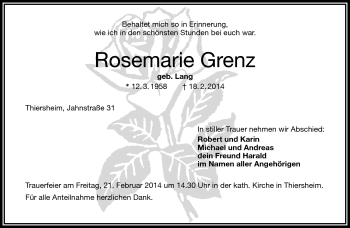 Traueranzeige von Rosemarie Grenz von Frankenpost