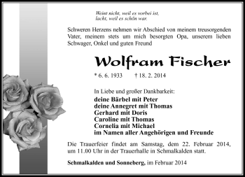 Traueranzeige von Wolfram Fischer von Südthüringer Presse