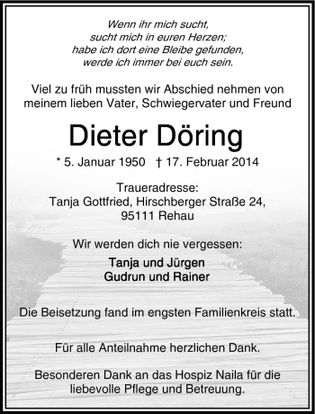 Traueranzeige von Dieter Döring von Frankenpost