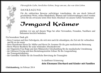 Traueranzeige von Irmgard Krämer von Südthüringer Presse