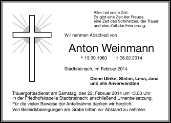 Traueranzeige von Anton Weinmann von Frankenpost